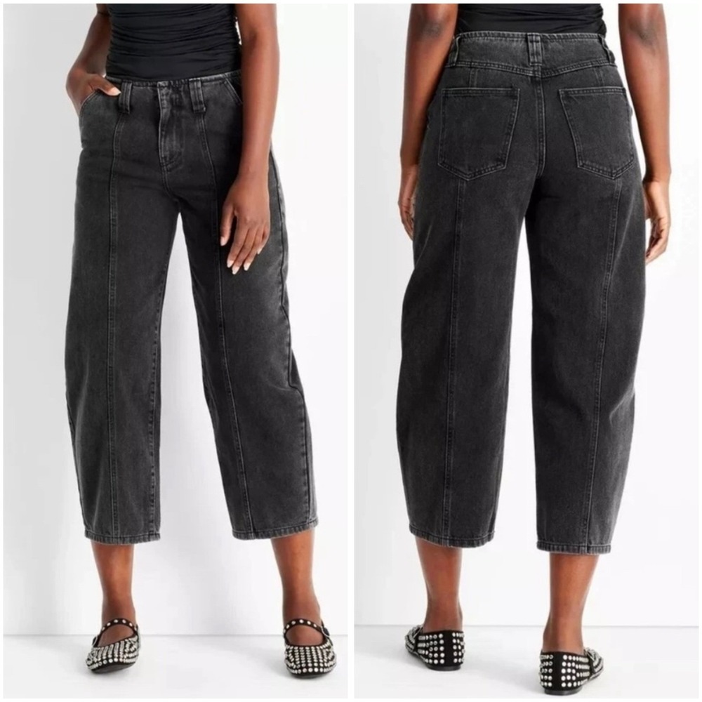 Future Collective Washed BlackMid Rise Copped Barrel Jeans Skater Utility Size 6